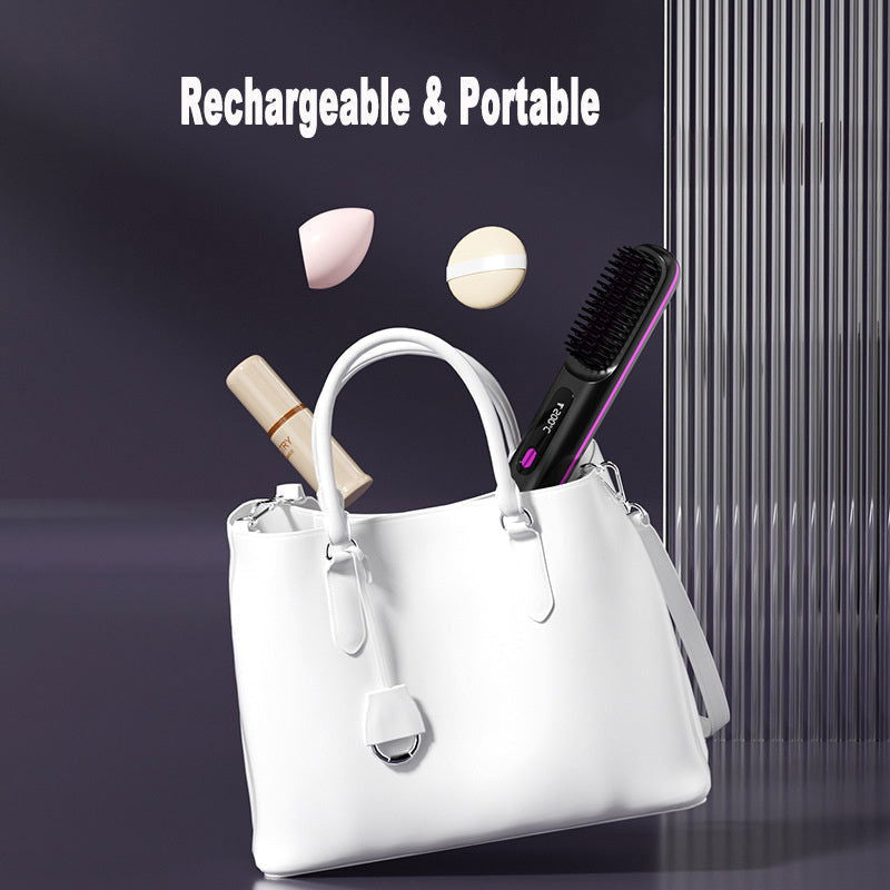 2-in-1 Wireless Hair Straightener Brush | Fast Heating Portable Hot Curler