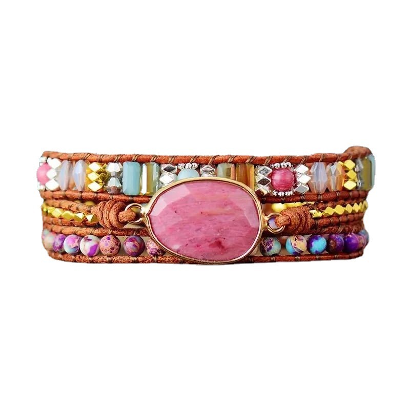 Ethnic Style Red Wood Grain Leather Rope Crystal Bracelet