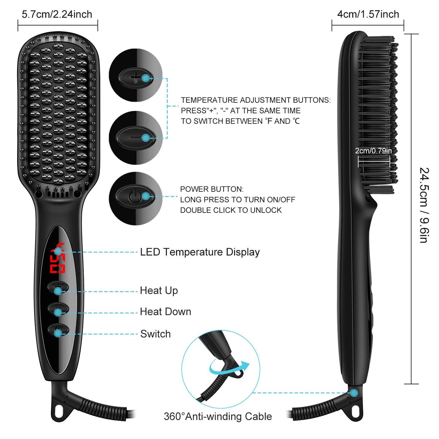 Hair Straightener Brush & Beard Clip Comb | Electric Ionic Straightening Styler