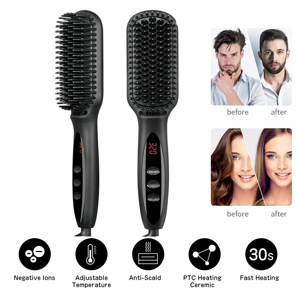 Hair Straightener Brush & Beard Clip Comb | Electric Ionic Straightening Styler