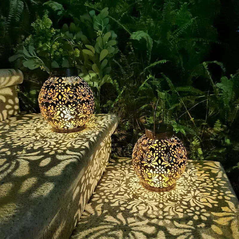 LED Solar Lantern Light Hollow Wrought Iron Projection Light Hanging Lamps