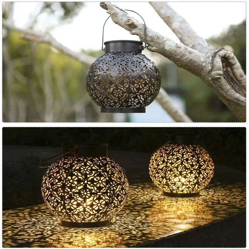 LED Solar Lantern Light Hollow Wrought Iron Projection Light Hanging Lamps