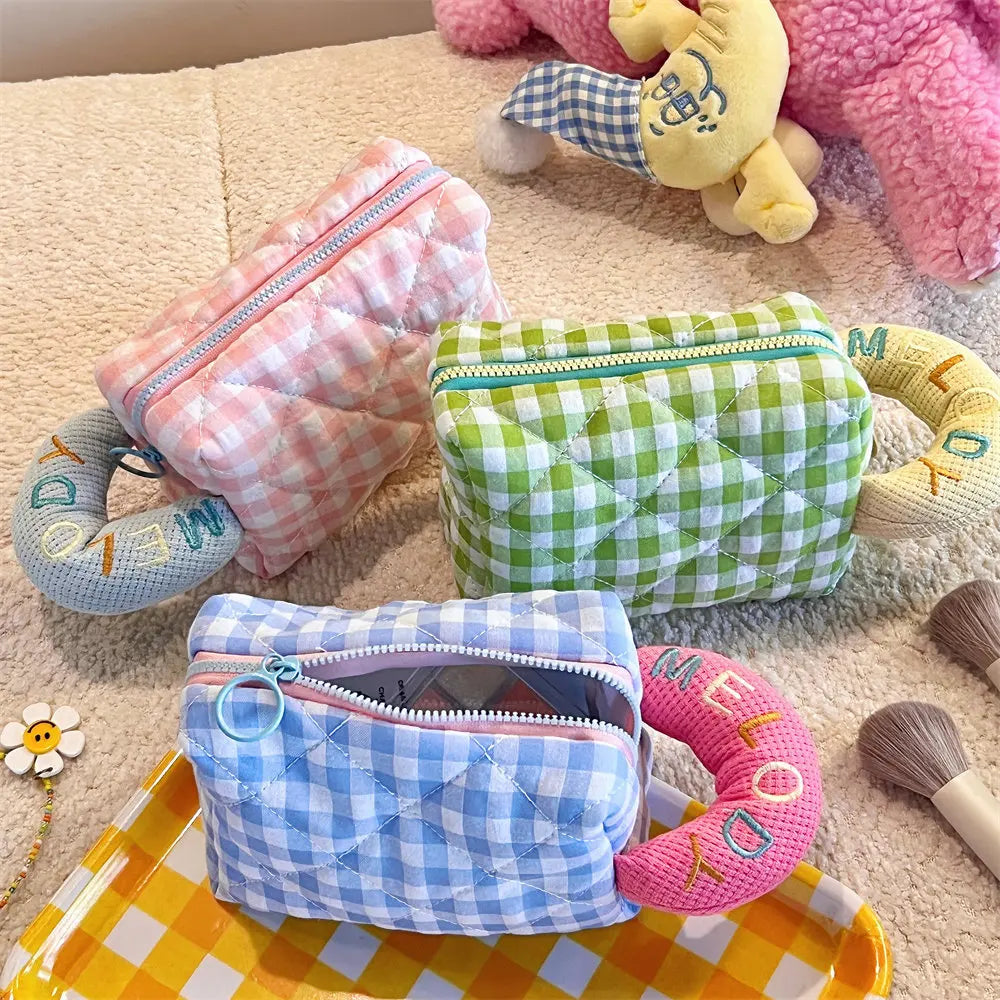 Multi-Functional Plaid Makeup Bag | Embroidered Storage Handbag for Students