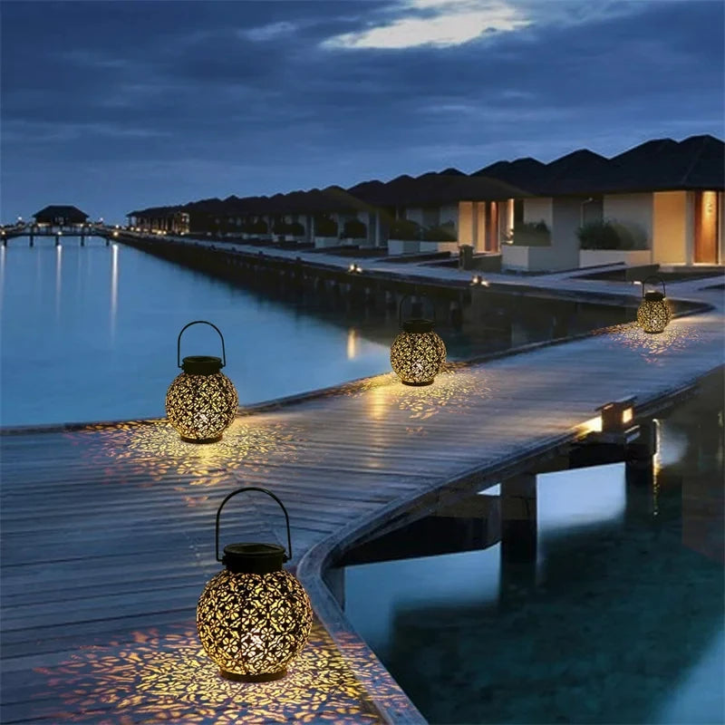 LED Solar Lantern Light Hollow Wrought Iron Projection Light Hanging Lamps