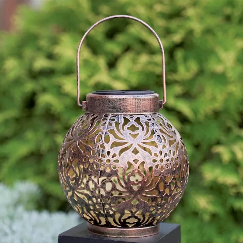 LED Solar Lantern Light Hollow Wrought Iron Projection Light Hanging Lamps