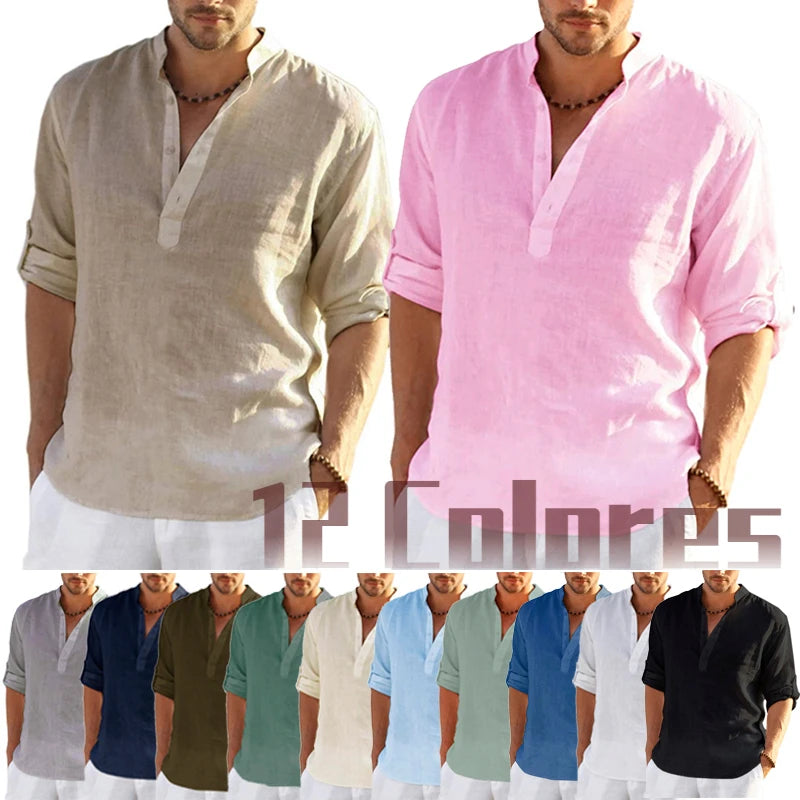 Men's Cotton Linen Long Sleeve Shirt - Solid Color, Loose Casual Fit