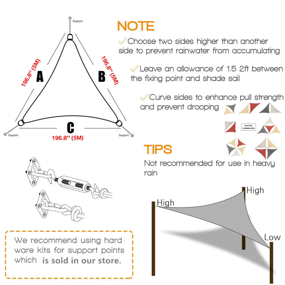 5x5/2x2M Waterproof Triangle Sunshade Canopy for Outdoor Protection