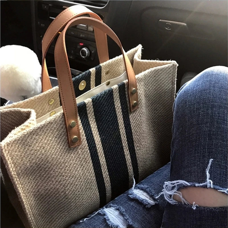 Stripe Canvas Tote – Large Capacity, Bucket Style, Women’s Shoulder & Crossbody Bag