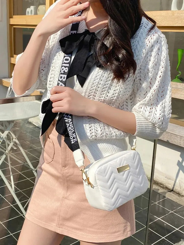 Wave Embroidery Square Crossbody Bag with Large Capacity Shoulder Strap