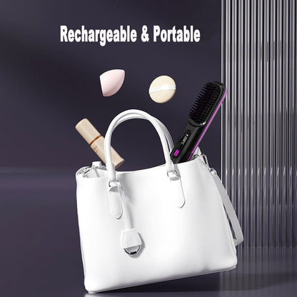 2-in-1 Wireless Hair Straightener Brush | Fast Heating Portable Hot Curler