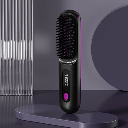 2-in-1 Wireless Hair Straightener Brush | Fast Heating Portable Hot Curler