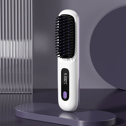 2-in-1 Wireless Hair Straightener Brush | Fast Heating Portable Hot Curler