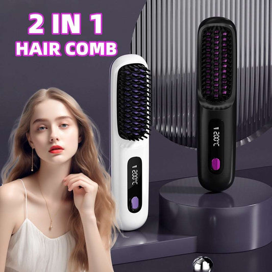 2-in-1 Wireless Hair Straightener Brush | Fast Heating Portable Hot Curler