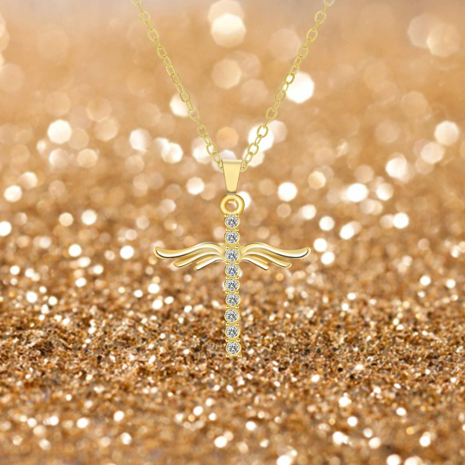 Angel Wings Cross Pendant Necklace For Women With O Type Stainless Steel Chain Necklace Jewelry Gift