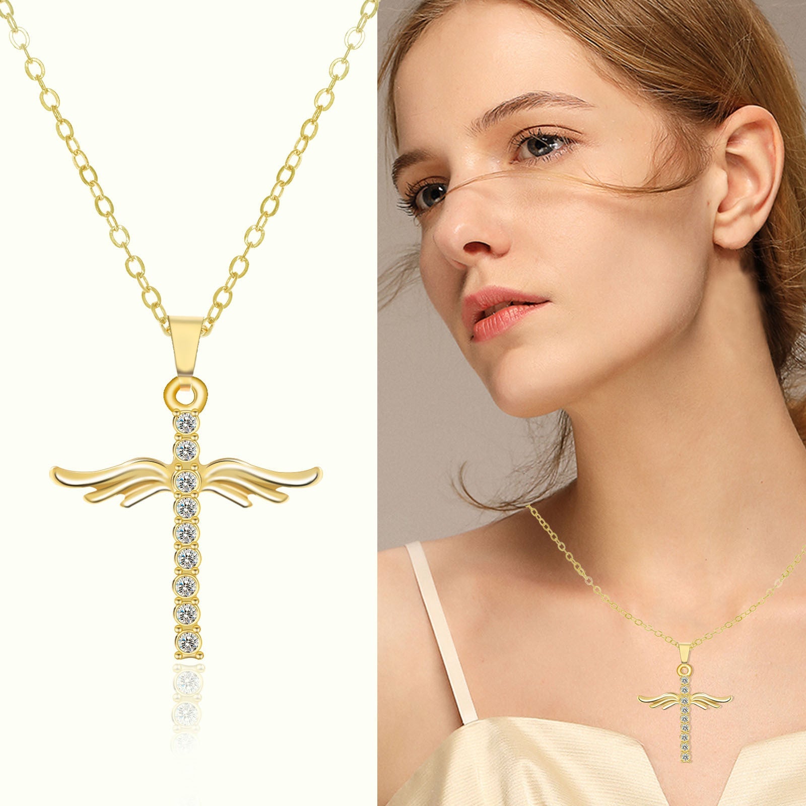 Angel Wings Cross Pendant Necklace For Women With O Type Stainless Steel Chain Necklace Jewelry Gift