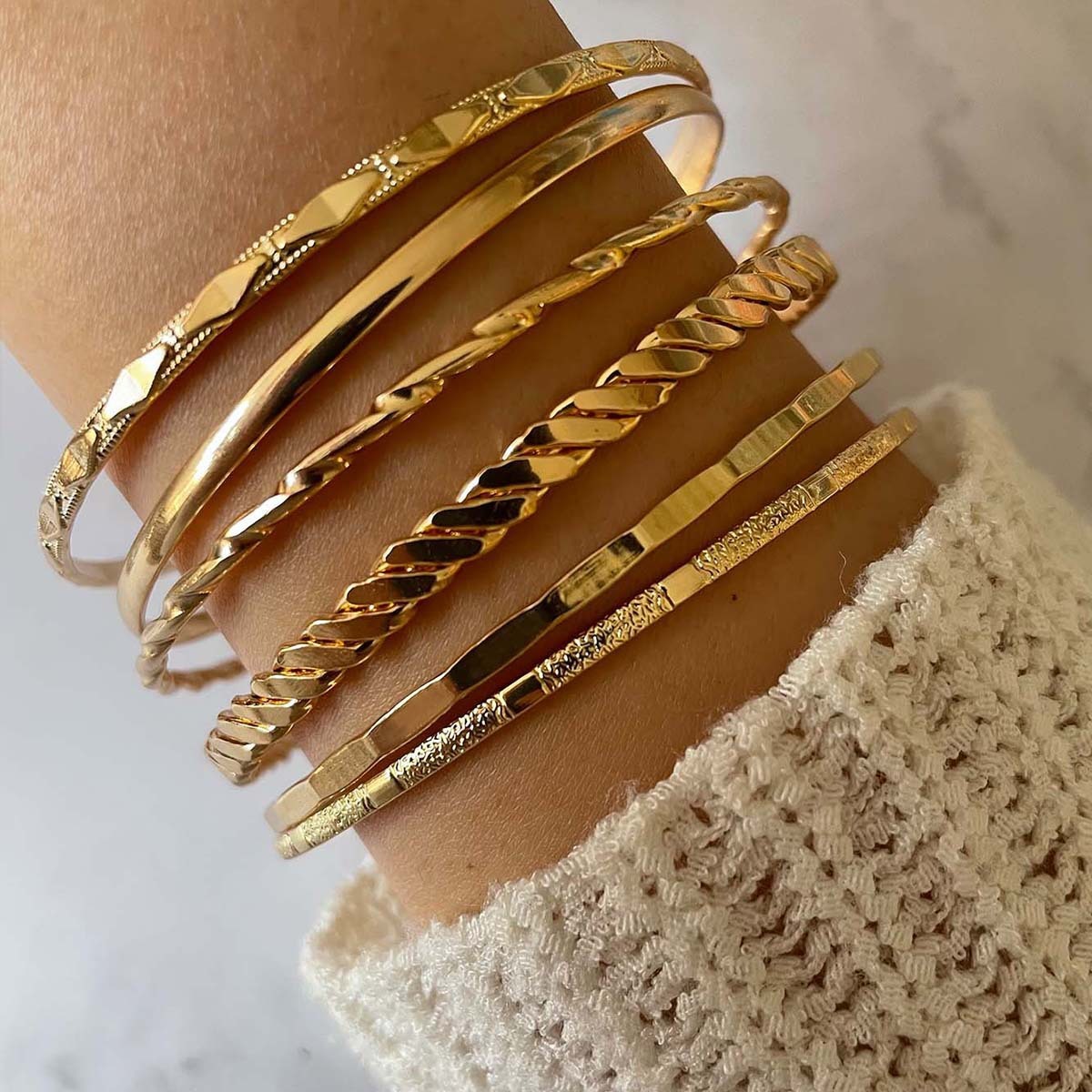 Bohemian Metal Chain Bracelet Set For Women Geometric Gold Color Thick Link Chain Bangle Female Fashion Jewelry