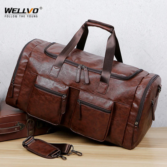 Vintage Leather Weekend Bag for Men – Large Black Duffel Travel Tote