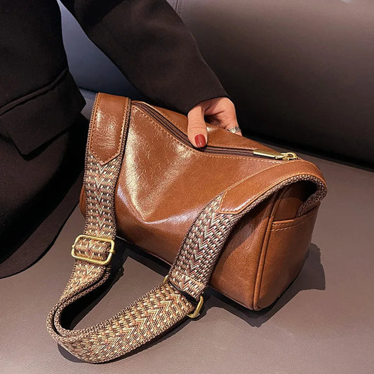 Vintage PU Leather Boston Handbag | Small Designer Crossbody Bag for Women