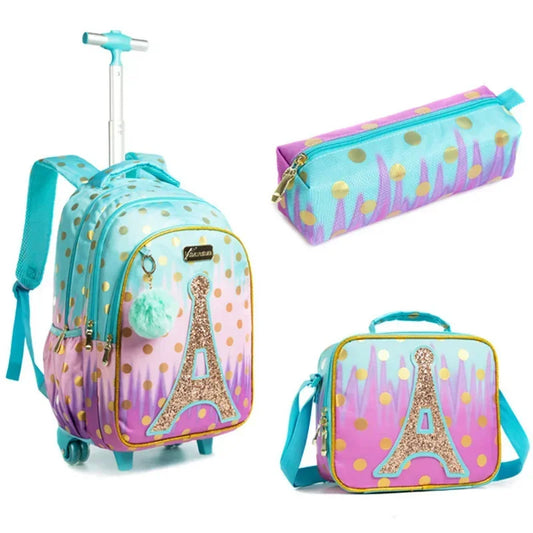 Children's School Backpack with Wheels | Canvas Wheeled Trolley Bag for Girls