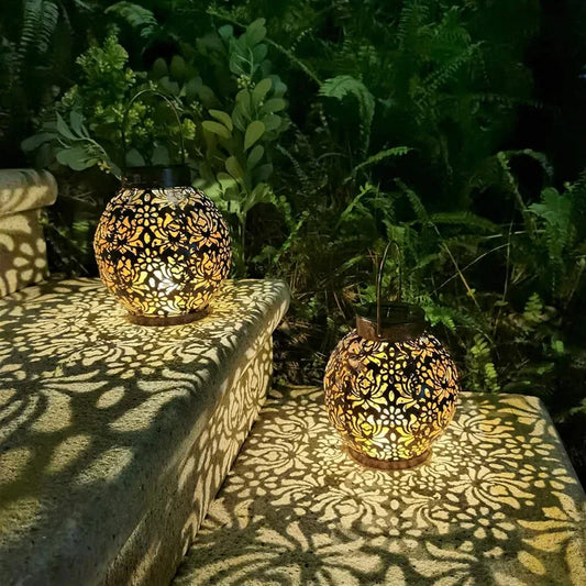 LED Solar Lantern Light Hollow Wrought Iron Projection Light Hanging Lamps