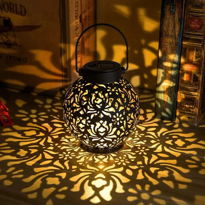 LED Solar Lantern Light Hollow Wrought Iron Projection Light Hanging Lamps