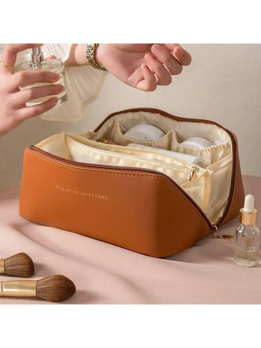 Large PU Leather Travel Cosmetic Bag for Women - High-Capacity Makeup Organizer