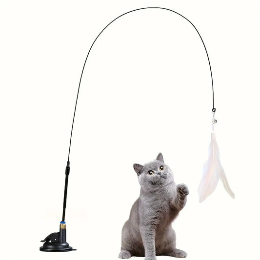 Cat Teaser Toy - Interactive Bell & Feather Wand with Suction Cup Pole