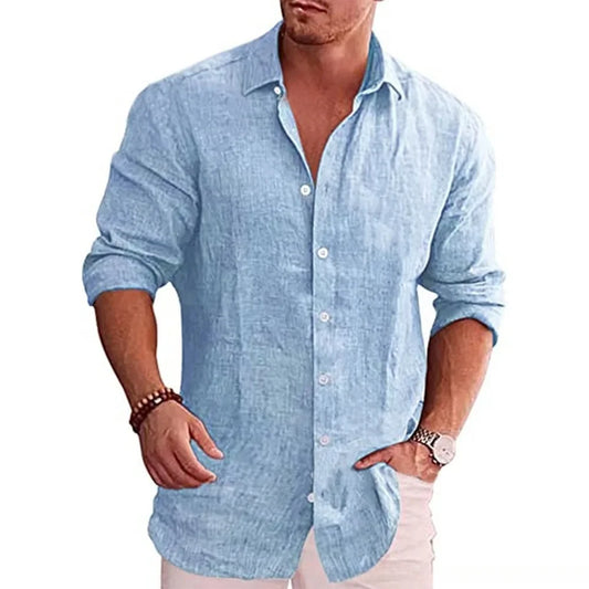 Men's Cotton Linen Long Sleeve Shirt - Solid Color, Casual Style, Plus Size