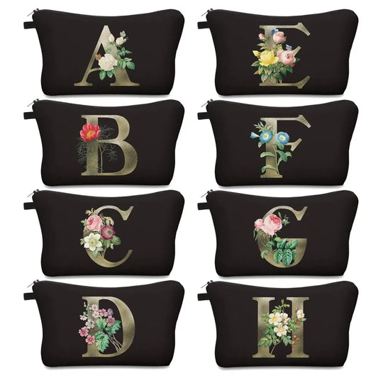 Floral Letter Pattern Cosmetic Bag - Water Resistant Zipper Makeup Pouch