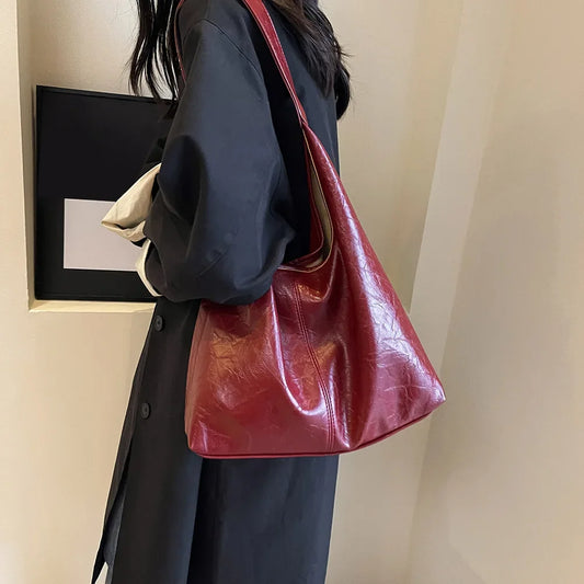 Soft PU Leather Vintage Wine Red Underarm Bag | Ladies Commuter Tote Set