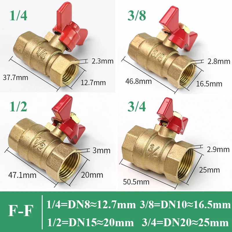 1/4" 3/8" 1/2" 3/4" Female To Female Thread Two Way Brass Shut Off