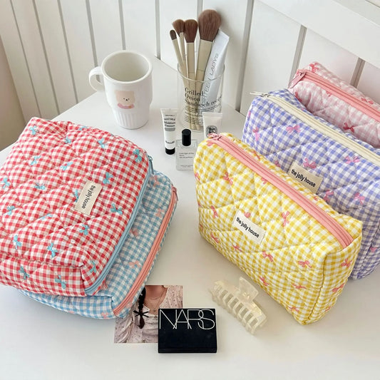 Cute Bow Cotton Makeup Bag - Zipper Cosmetic Organizer for Girls