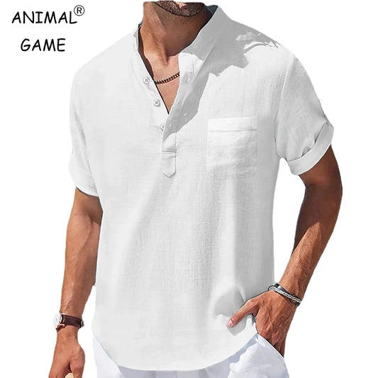 Men's Stand Collar Linen Shirt - Short Sleeve, Casual