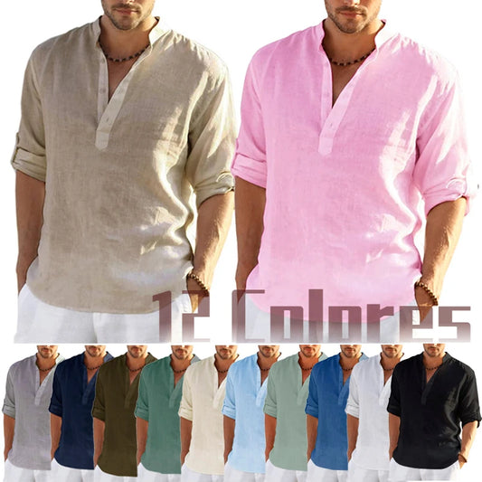 Men's Cotton Linen Long Sleeve Shirt - Solid Color, Loose Casual Fit