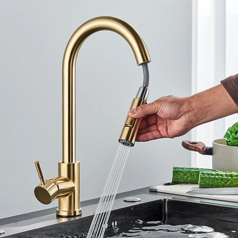 Quyanre Brushed Gold Kitchen Faucet Pull Out