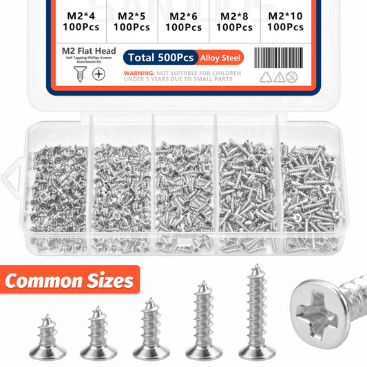 500PCS M2 Self-Tapping Screws - 5 Sizes Assortment Kit