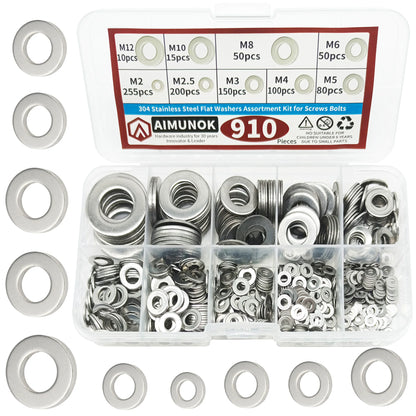 910PCS Stainless Steel Flat Washers - 9 Sizes (M2 to M12)
