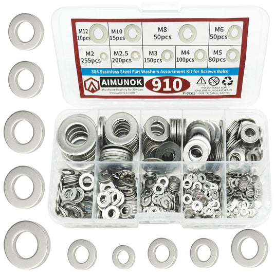 910PCS Stainless Steel Flat Washers - 9 Sizes (M2 to M12)