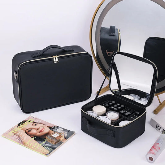 Large Capacity Black Cosmetic Bag with Mirror - Partitioned Beauty Storage Satchel