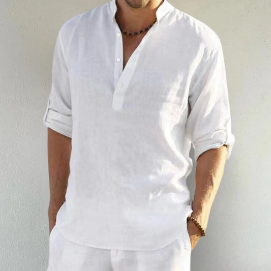Men's Loose Cotton Shirt - Long Sleeve, Stand Collar, Solid Color