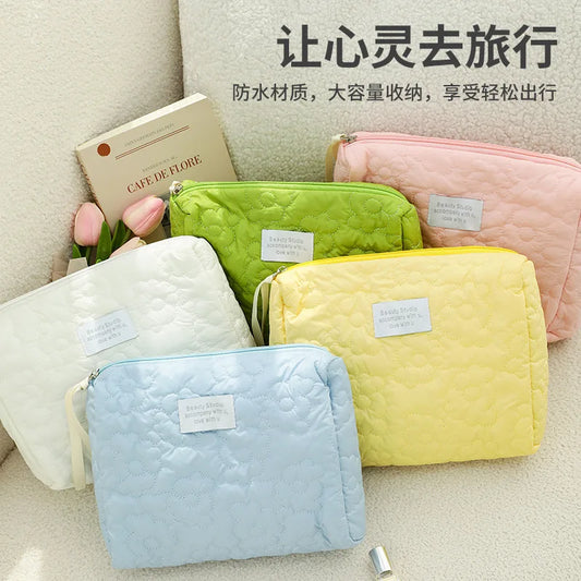 Cream Colored Quilted Cloud Makeup Bag - Large Capacity Storage Wash Bag
