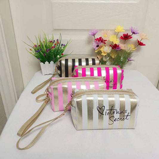 Portable Stripe Makeup Bag - Mini Waterproof Cosmetic Storage for Women=