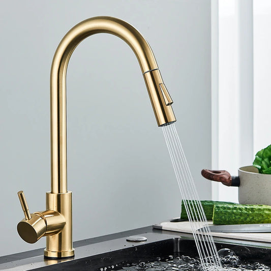 Quyanre Brushed Gold Kitchen Faucet Pull Out