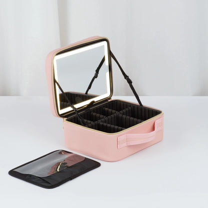 Professional Makeup Case with Lights & Full Screen Mirror - Portable Cosmetic Storage