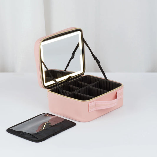 Professional Makeup Case with Lights & Full Screen Mirror - Portable Cosmetic Storage