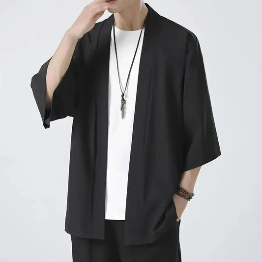 Men's Kimono Cardigan - 3/4 Sleeve, Lightweight Yukata Shirt