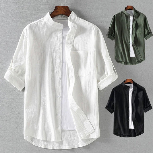 Men's Stand Collar Mid-Sleeve Shirt - Large Size