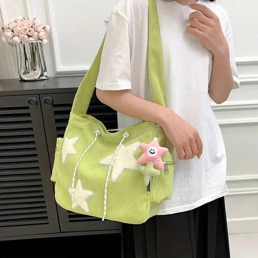 Simple Star Pattern Large Tote Bag – Corduroy Drawstring Shoulder & Canvas Bag