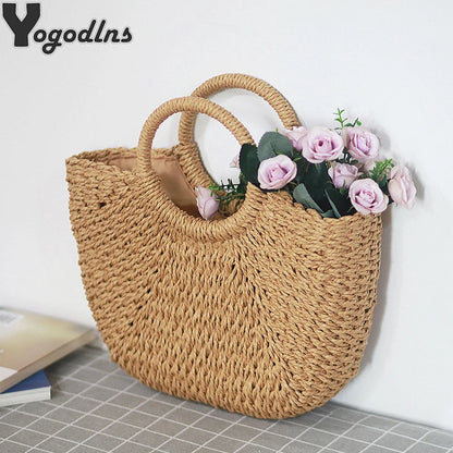 Summer Handmade Straw Bag for Women – Moon-Shaped Beach Tote with Top Handle