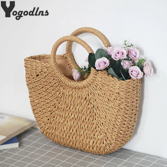 Summer Handmade Straw Bag for Women – Moon-Shaped Beach Tote with Top Handle